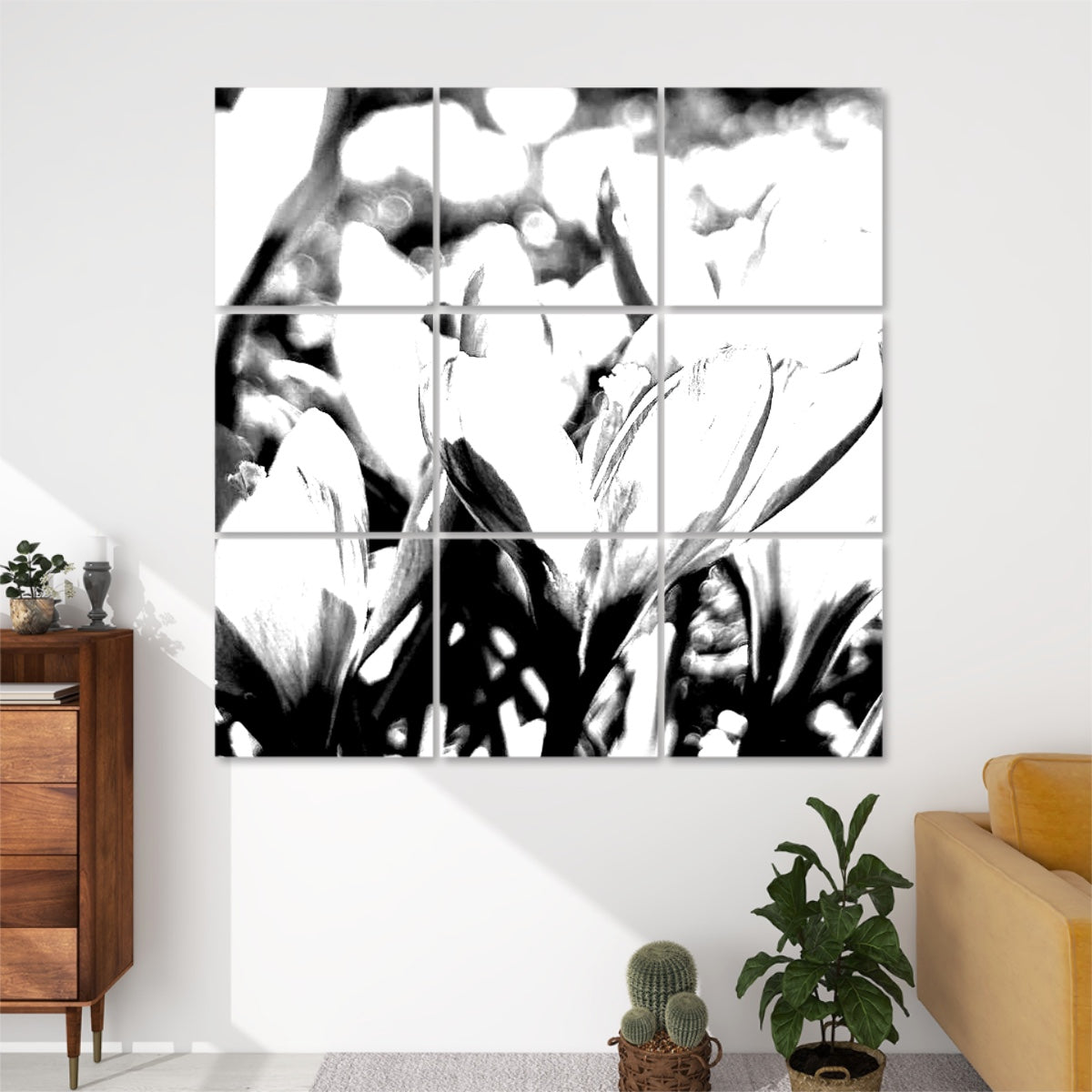 Black and white version of Purple Crocuses 9-panel wall art, featuring blooming crocus flowers in sharp monochrome contrast.