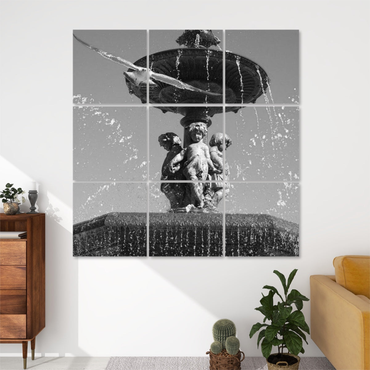 Greyscale sound‑absorbing wall art featuring a flying seagull above a Lisbon fountain, subtle monochrome detail across 9 panels.
