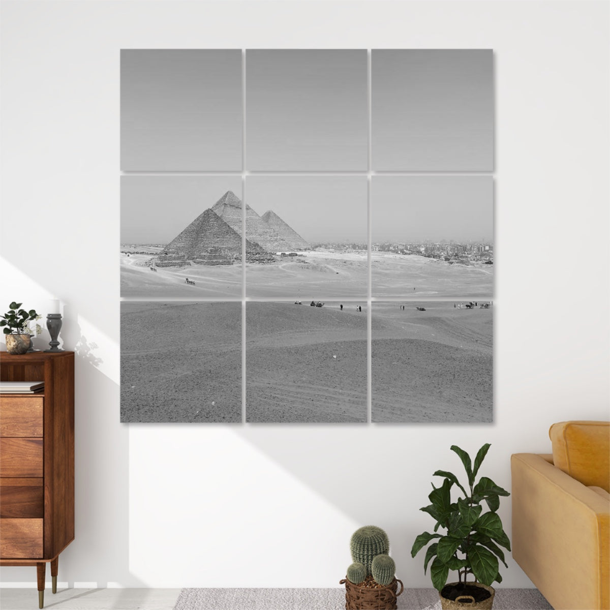 Greyscale 9-panel wall art of the Pyramids of Giza viewed from a distance, with desert textures and sky tones in soft monochrome.
