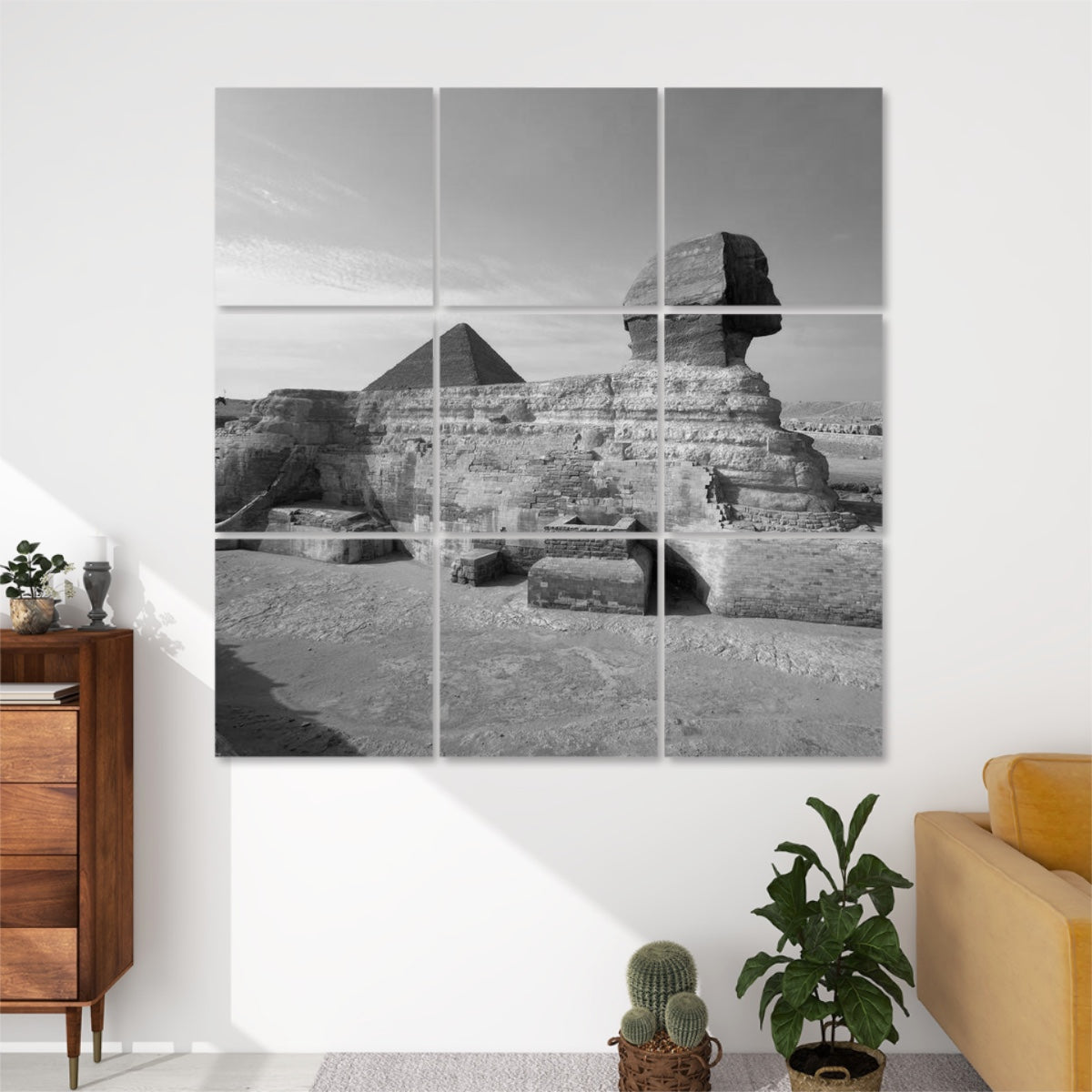 9 decorative sound absorbing panels featuring the Great Sphinx of Giza, color: greyscale
