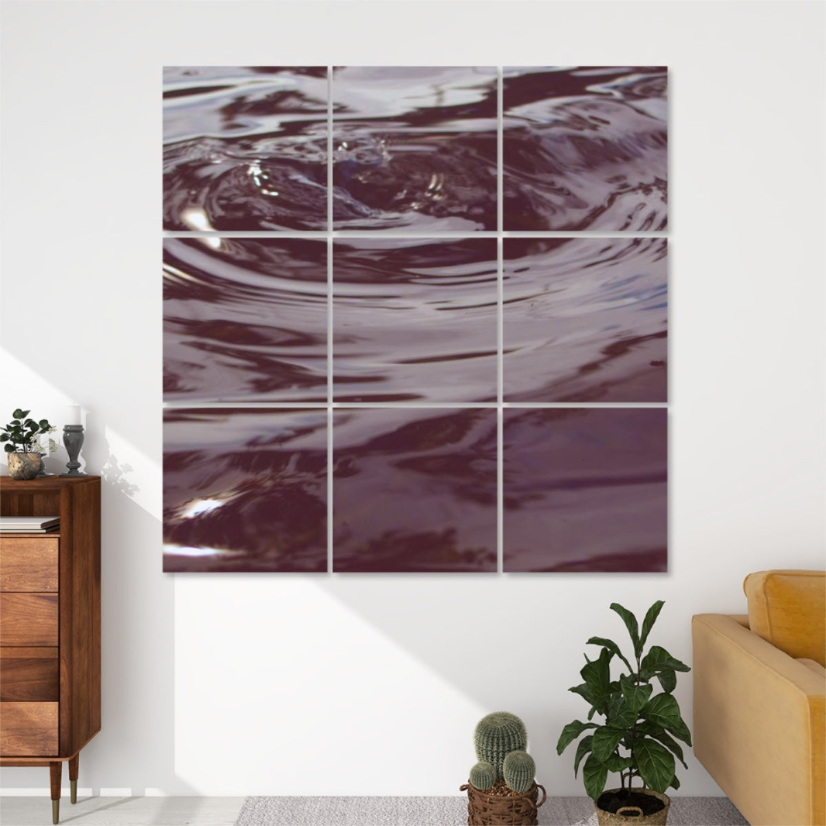 Kodachrome-style 9-panel acoustic wall art featuring rippling water in bold, nostalgic color tones with strong contrast and retro mood.