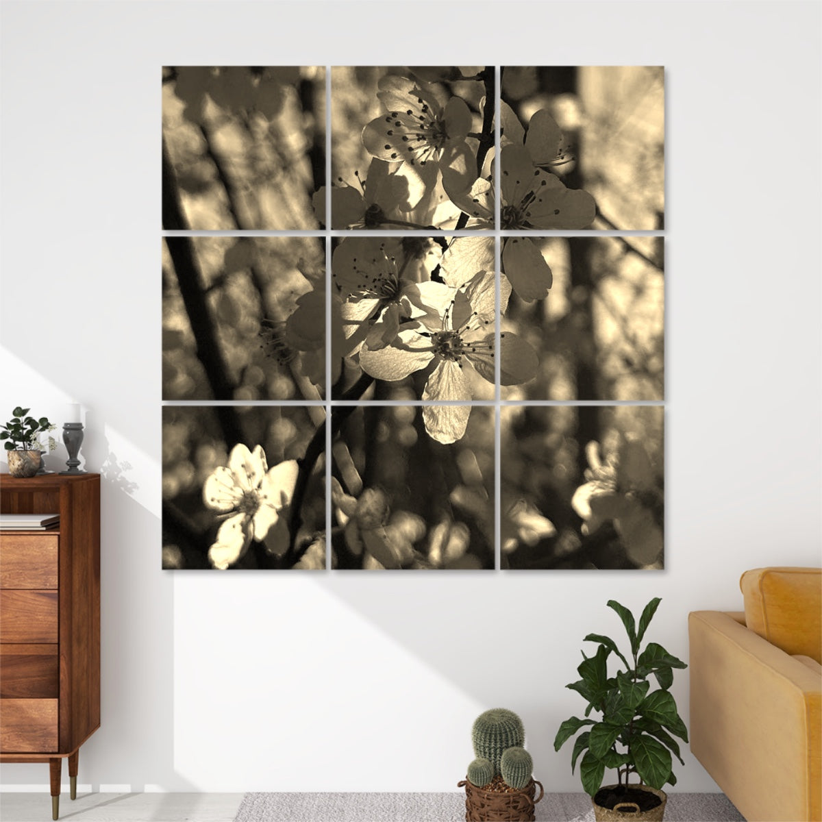 Sepia-toned 9-panel floral wall art showing glowing white blossoms on tree branches in warm vintage tones.