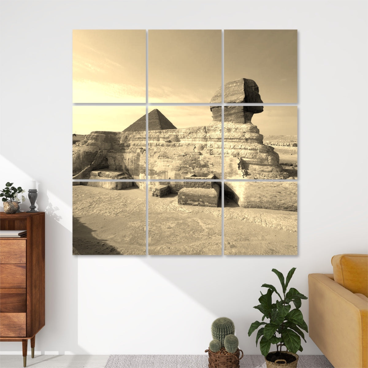 Sepia-toned 9-panel acoustic wall art of the Sphinx and Pyramid of Khufu, evoking a vintage, historical atmosphere with warm brown hues.