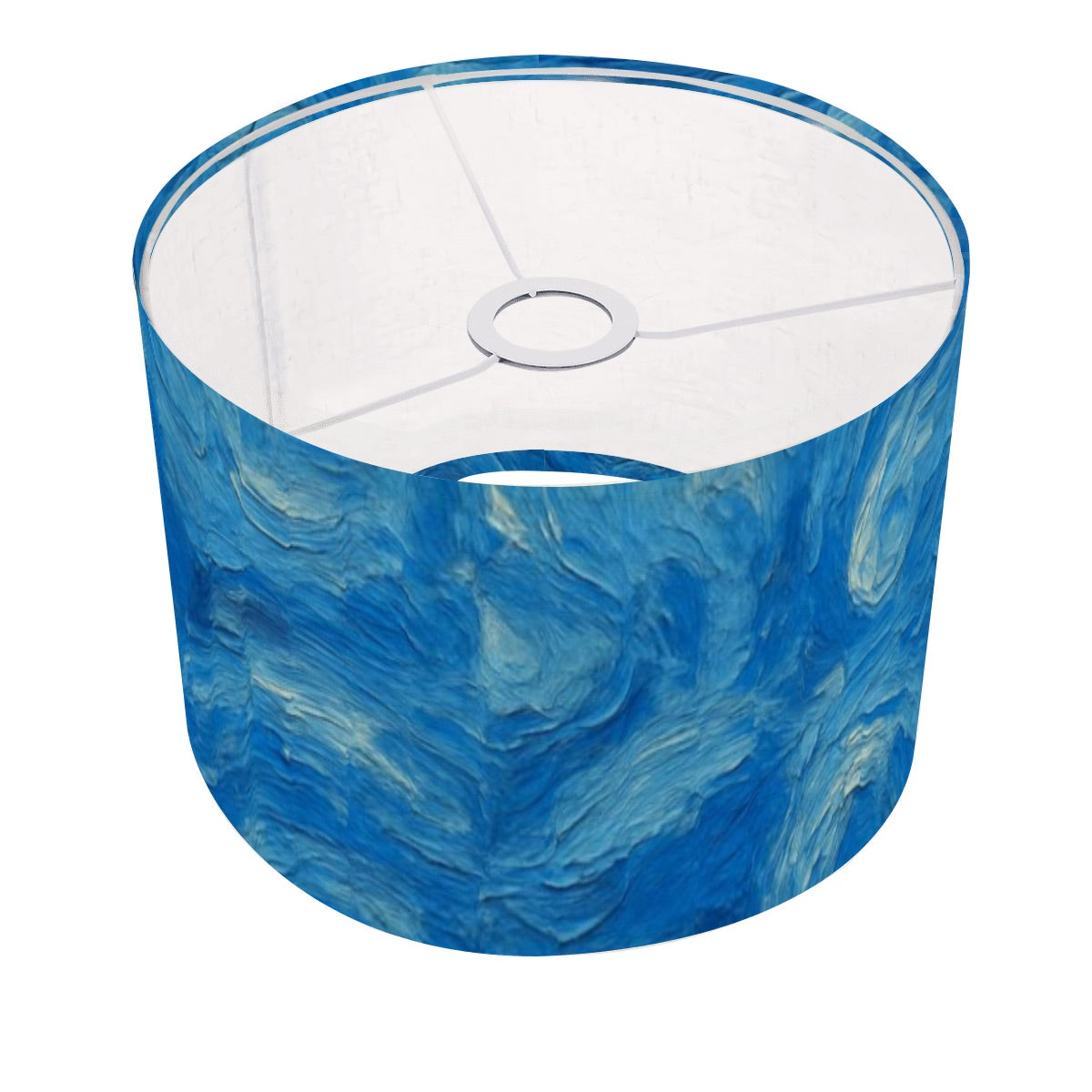 Unique Made in USA arc floor lamp replacement linen shade mockup showcasing a vibrant blue pattern and optional metal ring.