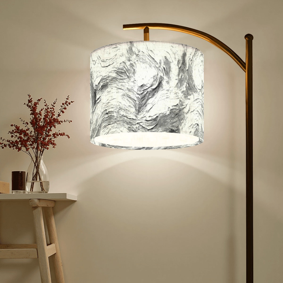 Unique Made in USA arc floor lamp replacement shade featuring high-contrast black and white pattern on premium linen