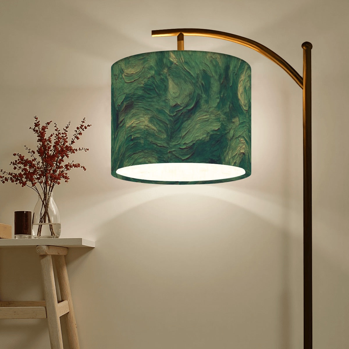 Unique Made in USA arc floor lamp replacement shade in organic green pattern, adding natural vibrancy to any space