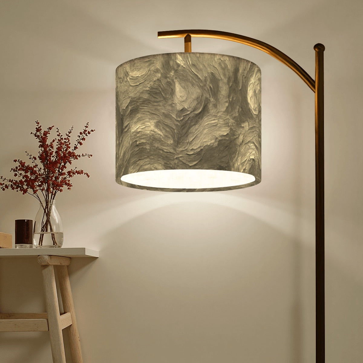 Unique Made in USA arc floor lamp replacement shade in sepia-toned pattern, evoking vintage charm and warmth