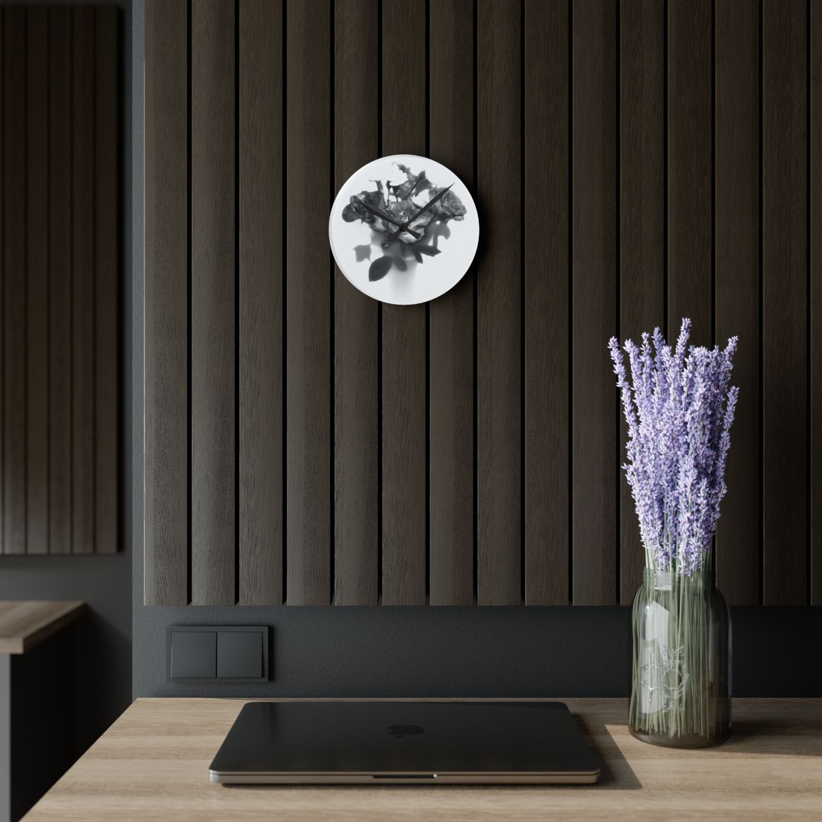black and white floral acrylic wall clock featuring roses