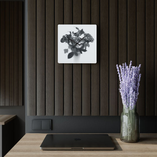 black and white floral acrylic wall clock featuring roses