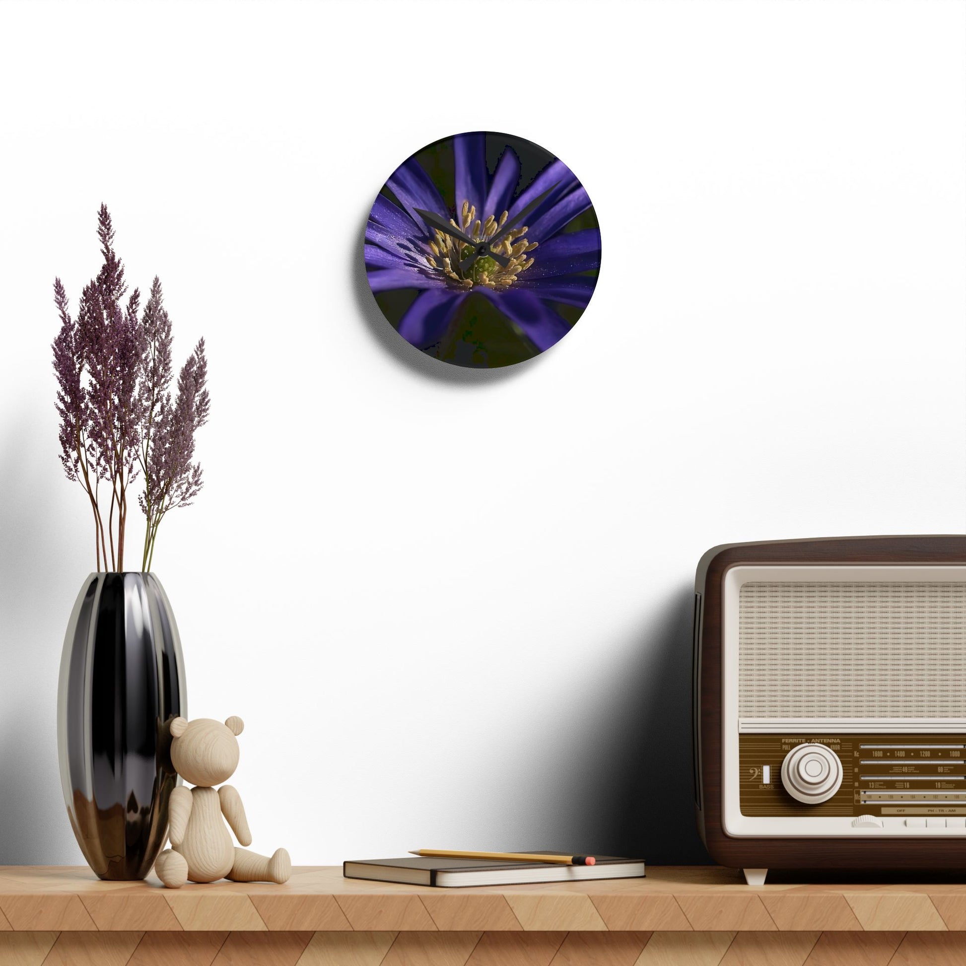 Floral acrylic wall clock featuring close up of purple anemone