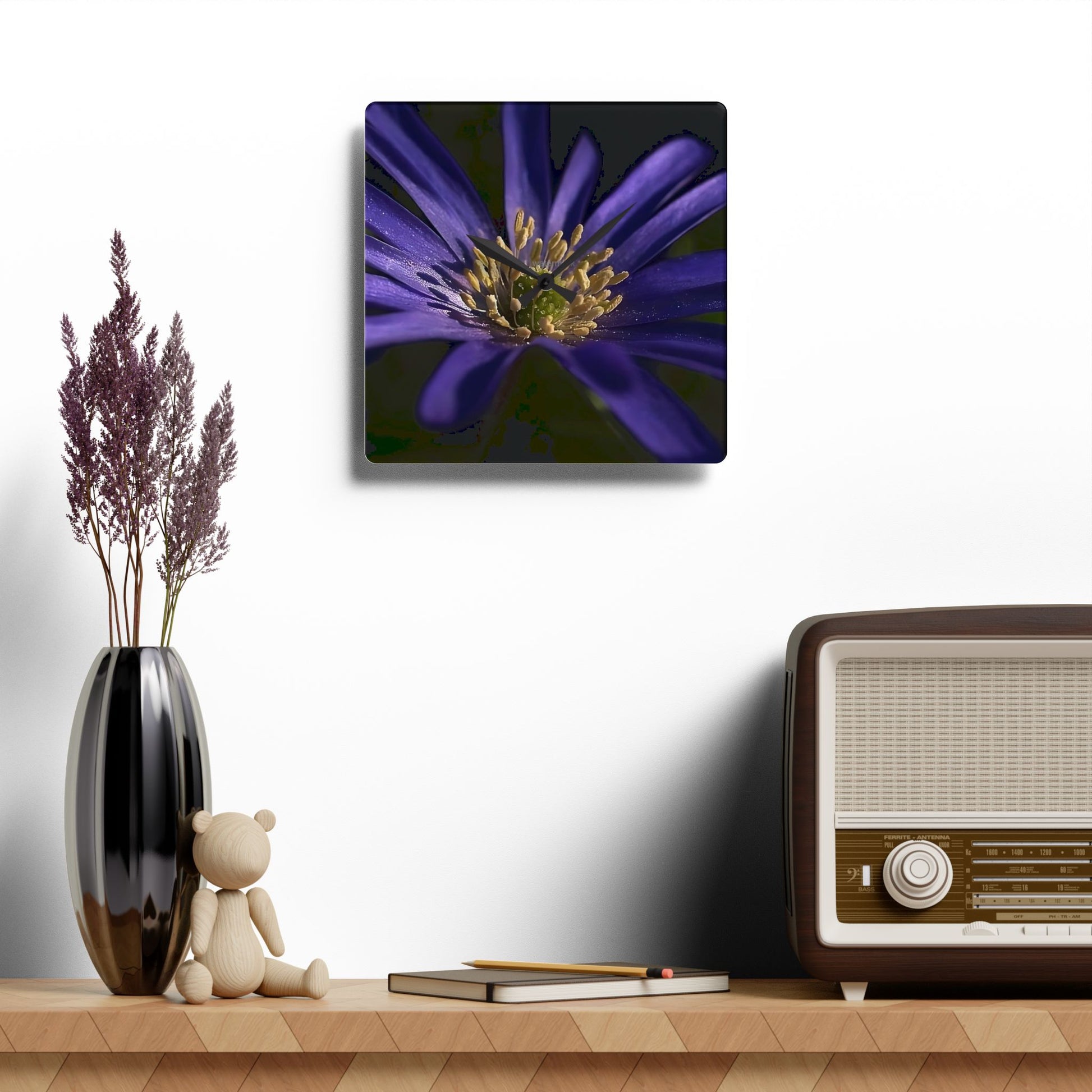 Floral acrylic wall clock featuring close up of purple anemone