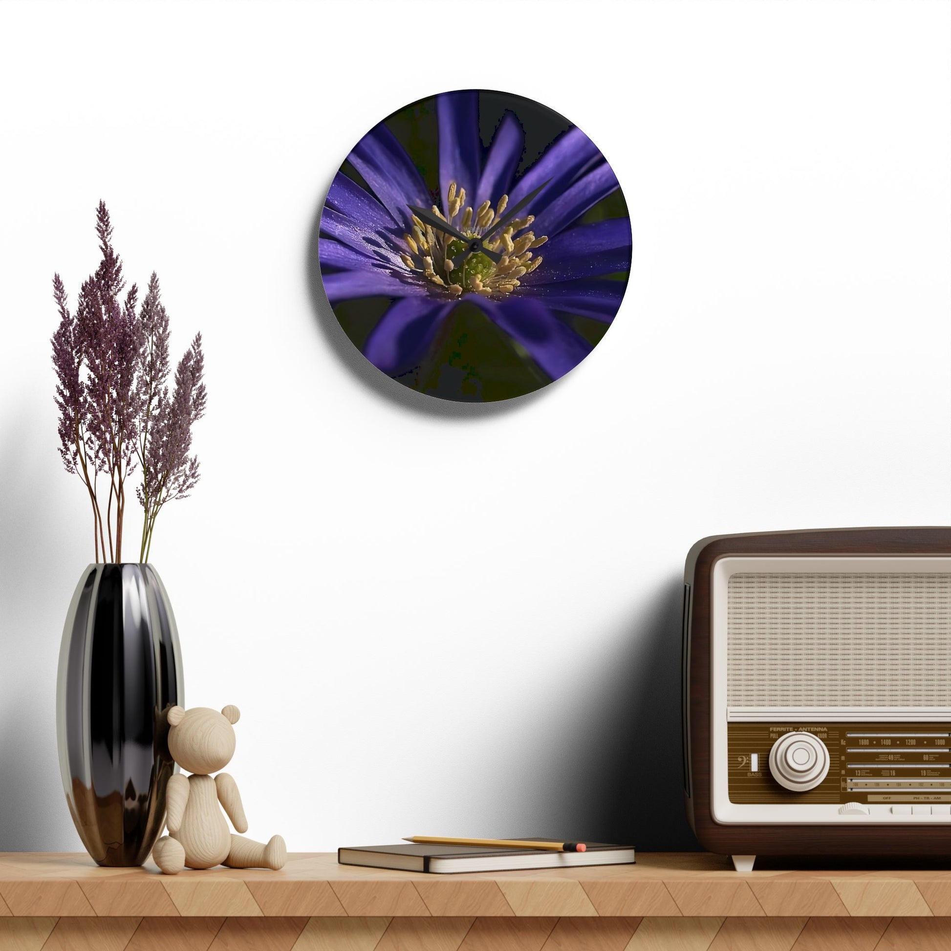 Floral acrylic wall clock featuring close up of purple anemone