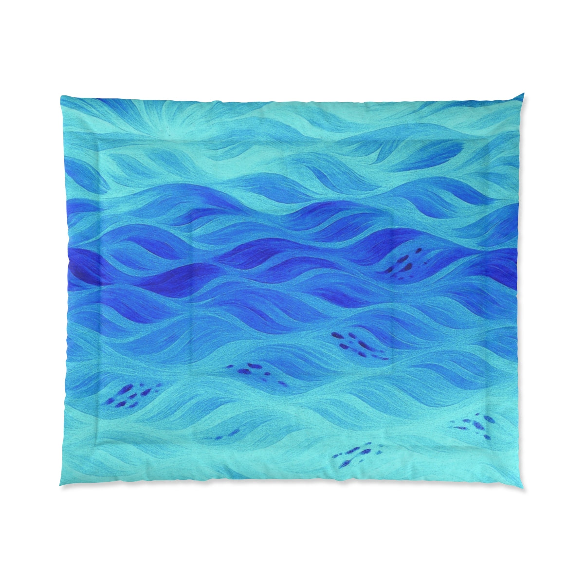Oversized azure comforter in cool blue gradients with sweeping wave textures. Size: 104" × 88"