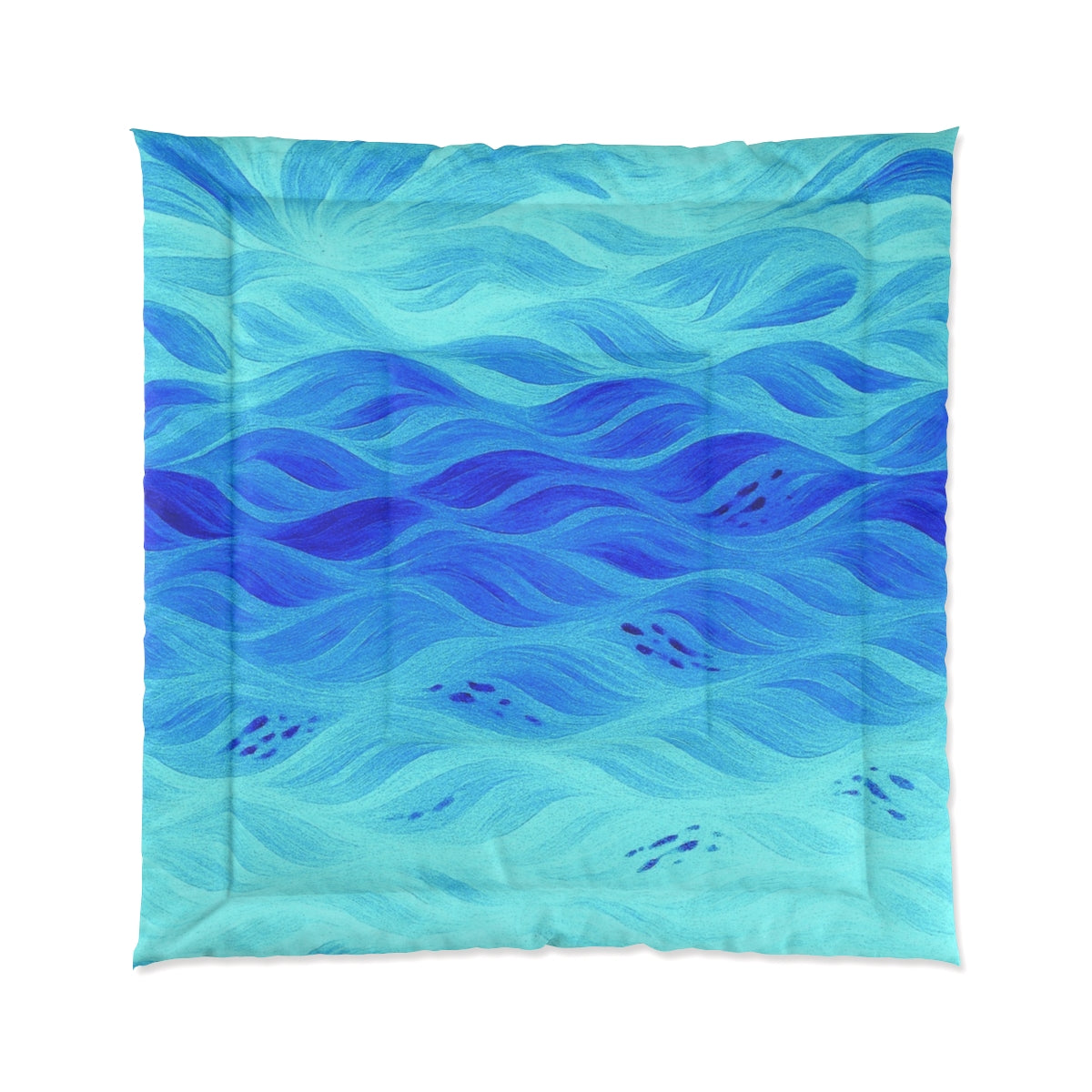 Square azure comforter in blended sea-toned waves of blue and turquoise. Size: 88" × 88"