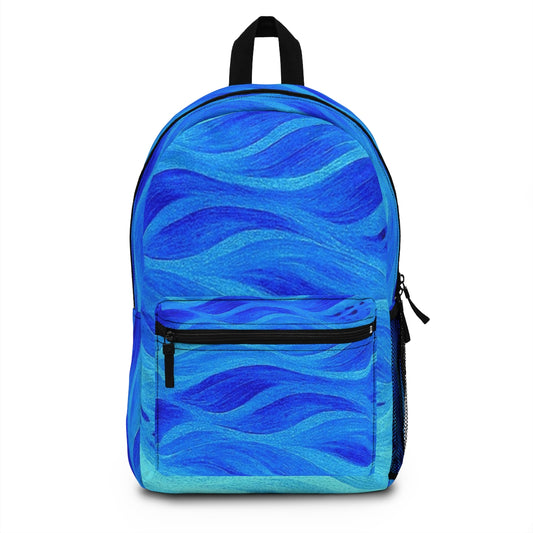 Front view of the backpack with light and dark blue abstract waves, layered like ocean currents in a rich gradient