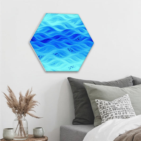 Decorative hexagon acoustic panel in azure blue variant with layered wave pattern, mounted above a modern sofa.