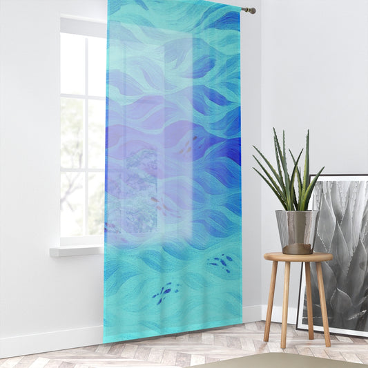 A translucent curtain in gradient blues—from bright turquoise to rich cobalt—featuring soft, wave-like brush strokes; suspended on a rod before a white-framed window, with a minimalist stool and plant beside it