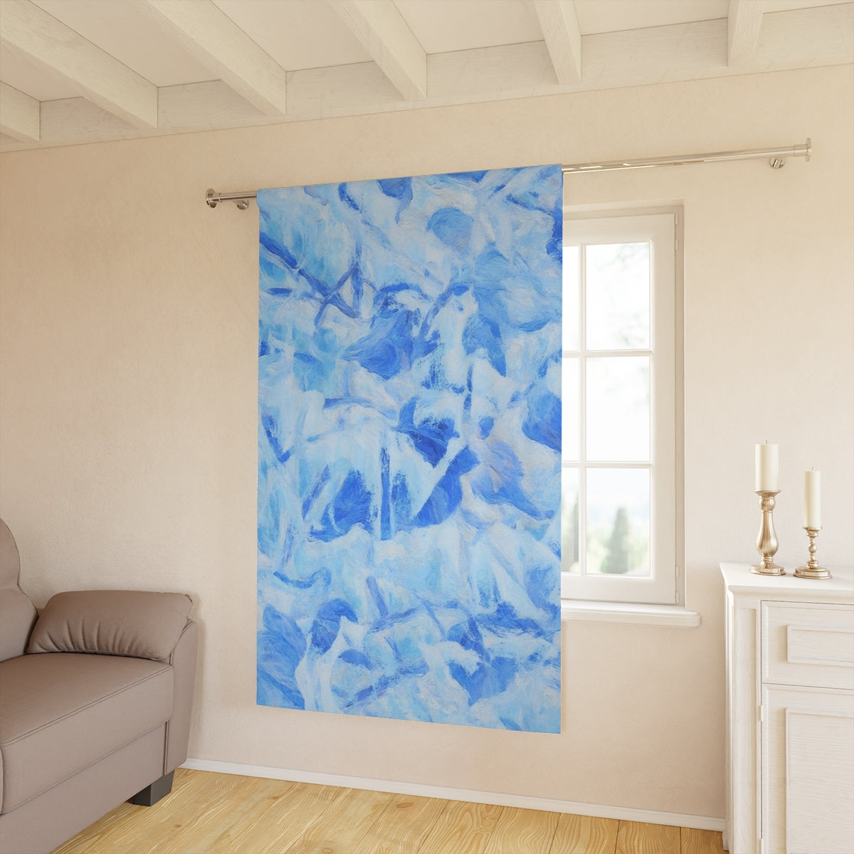 Azure Sonata blackout curtain glowing in natural daylight, pale blue tones softening a bright room with light walls and classic decor
