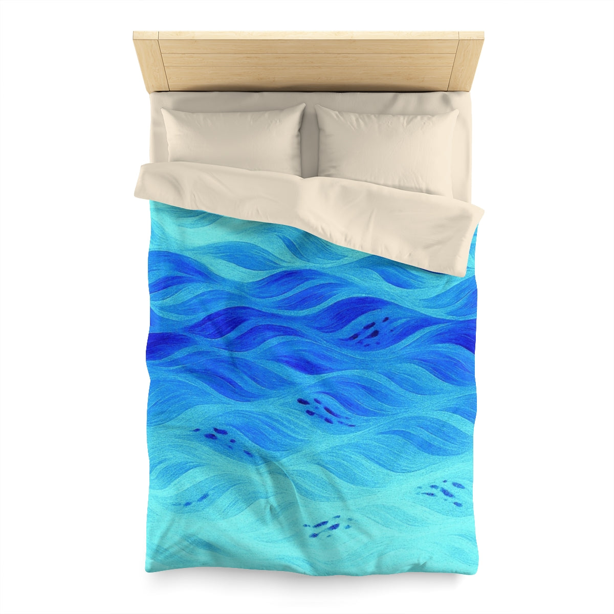 Twin size microfiber duvet cover in Azure with cream lining, featuring flowing wave-inspired brushstrokes in rich ocean blues.