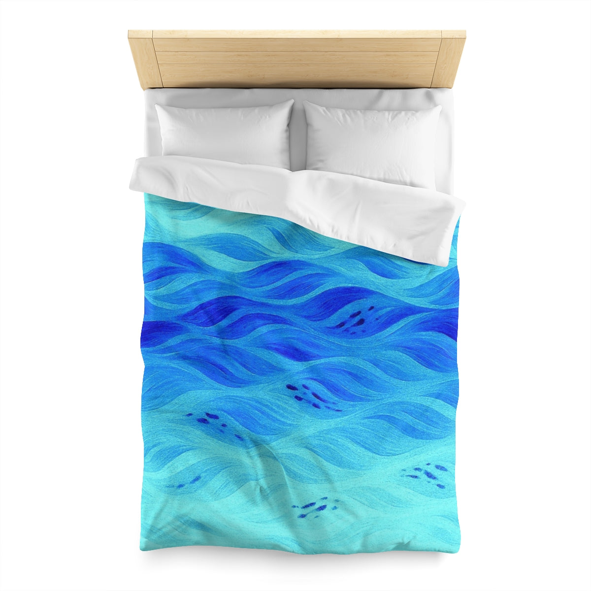 Twin size microfiber duvet cover in Azure with white lining, featuring flowing wave-inspired brushstrokes in rich ocean blues.