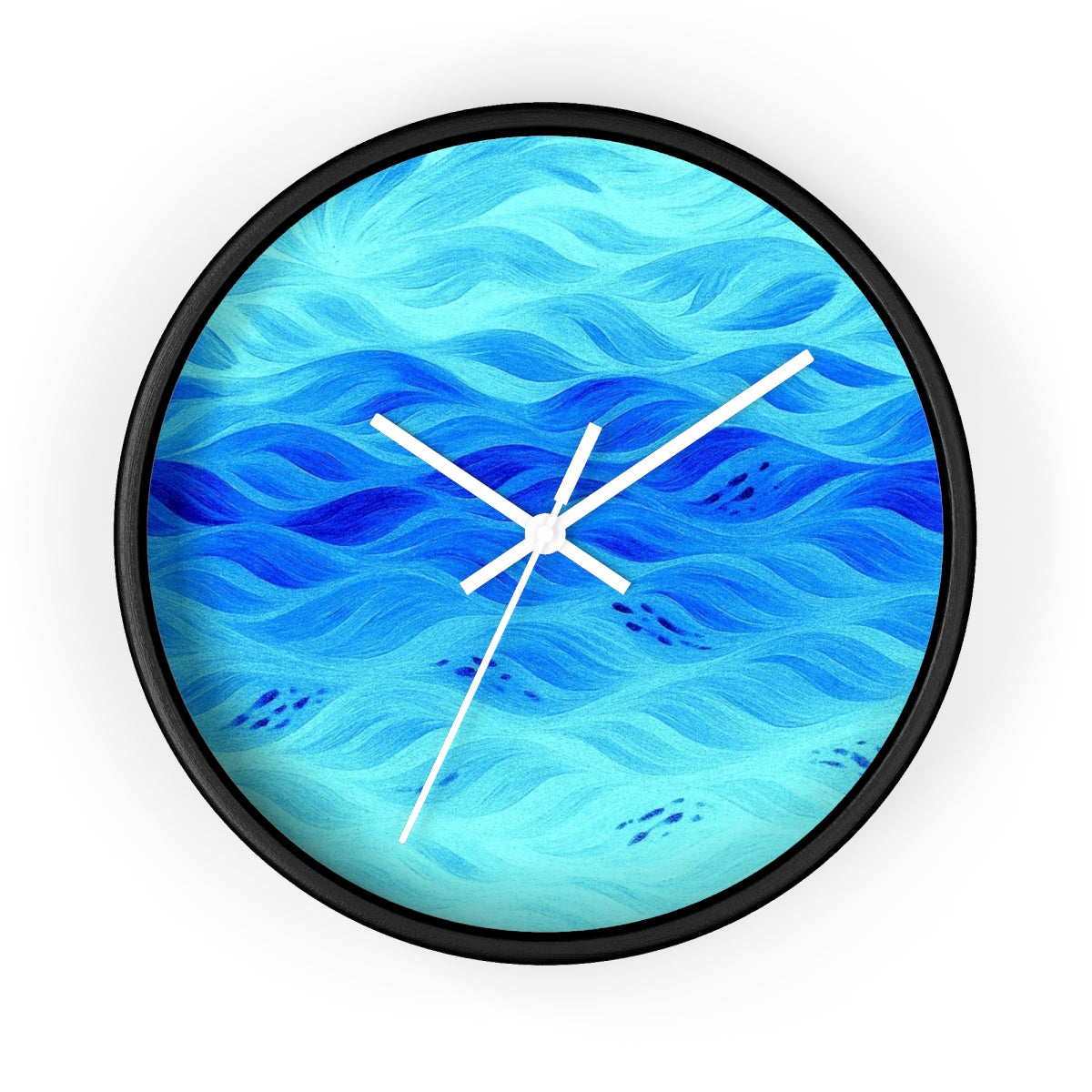 Round wooden clock featuring a painted black frame, white hour/minute/second hands, and a plexiglass face showing fluid waves in gradient teal through sky-blue tones