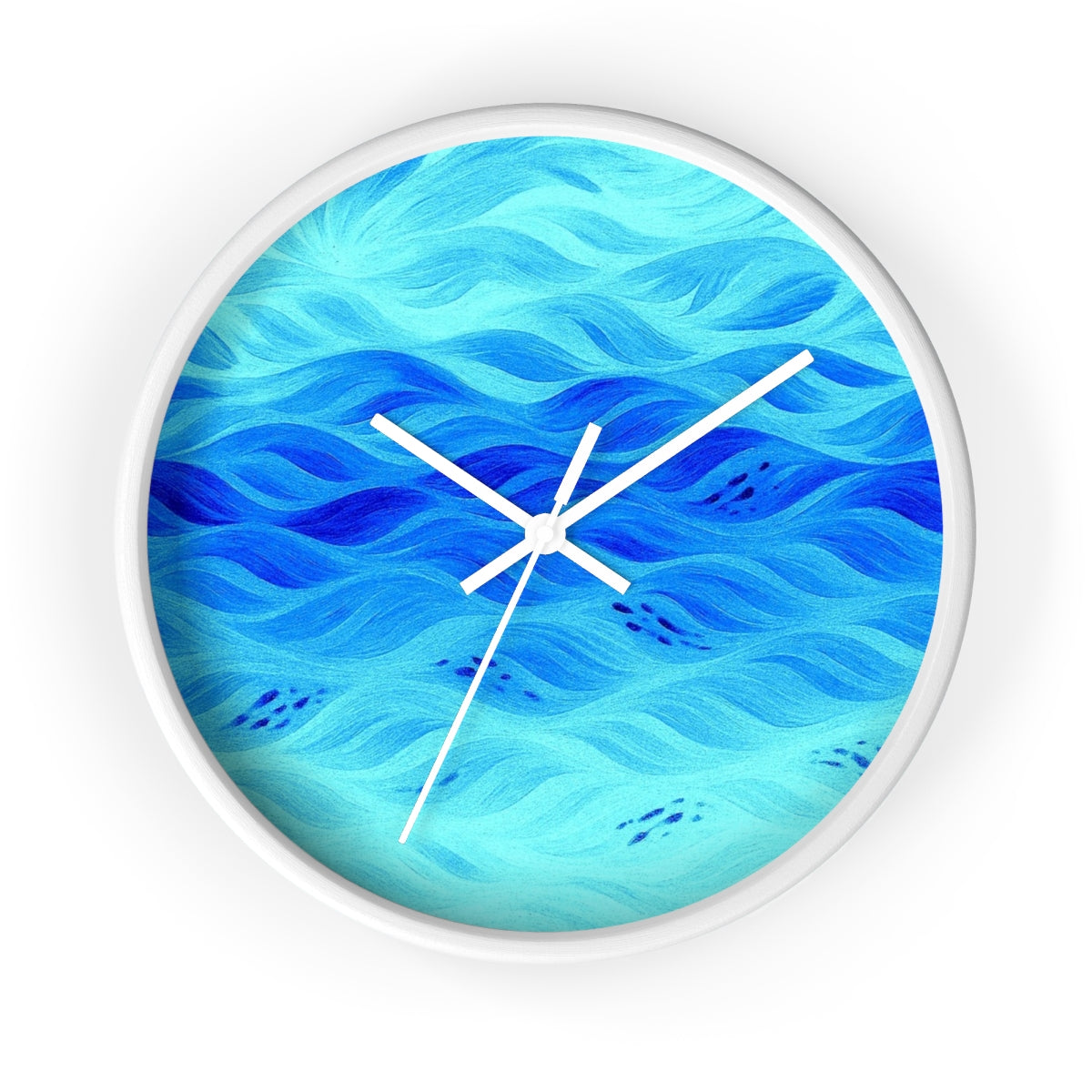 Round wooden clock with a painted white frame, white hour/minute/second hands, and a plexiglass face printed in undulating waves from teal to sky-blue