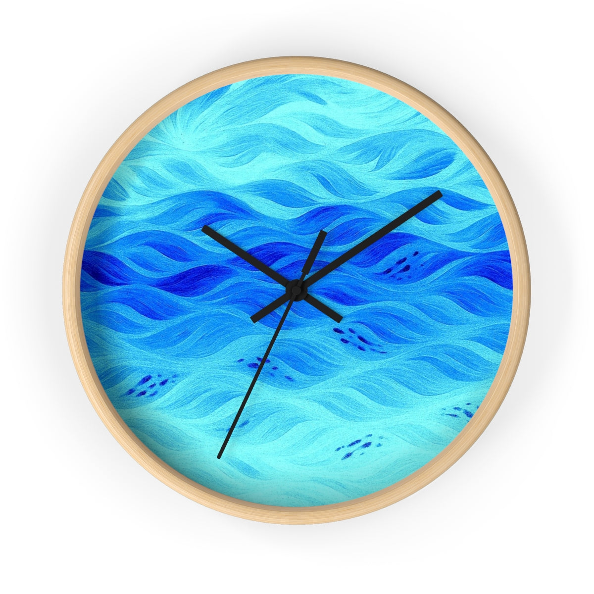 Round wooden wall clock in a natural maple-tone frame, black hour/minute/second hands, and a plexiglass face featuring gradient teal-to-sky-blue waves