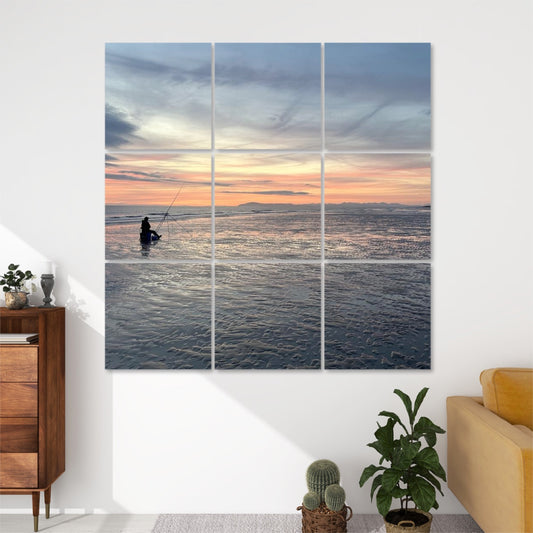 Beach Sunset Landscape 9 Decorative Sound Absorbing Wall Panels showing a fisherman at sunset over calm ocean waters