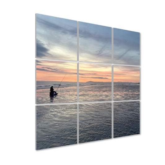 Beach Sunset Landscape 9 Decorative Sound Absorbing Wall Panels showing a fisherman at sunset over calm sea