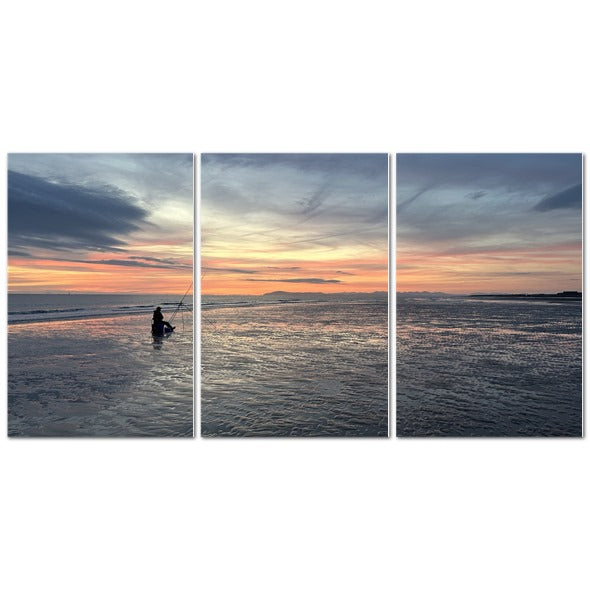 Papis Canvas Beach Sunset Landscape Made in UK Triptych Canvas showing lone fisherman wading in shallow water at dusk
