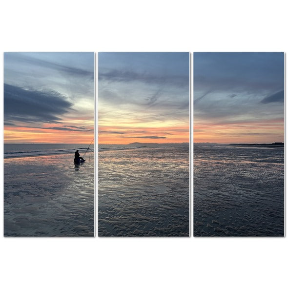 Beach Sunset Landscape Made in UK Triptych Canvas three panel seaside sunset with lone fisherman silhouette on wet reflective sand
