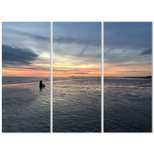 Papis Canvas Beach Sunset Landscape Made in UK Triptych Canvas three panel seascape with lone fisherman silhouette
