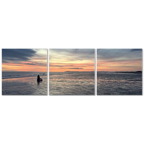 Papis Canvas Beach Sunset Landscape Made in UK Triptych Canvas with lone fisherman wading in shallow sea at sunset