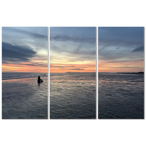 Beach Sunset Landscape Made in UK Triptych Canvas showing three panel seascape with lone angler wading at sunset