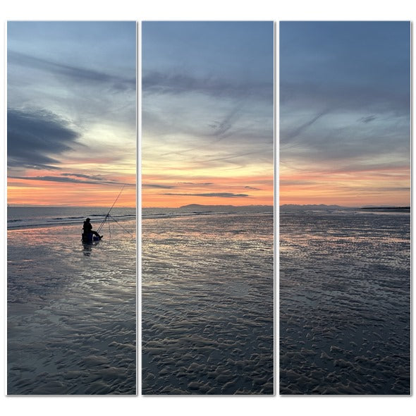 Beach Sunset Landscape Made in UK Triptych Canvas showing lone fisherman silhouette on reflective wet sand at sunset