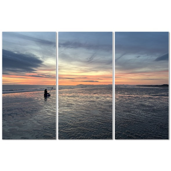 Beach Sunset Landscape Made in UK Triptych Canvas showing fisherman on wet sand under colorful sunset sky