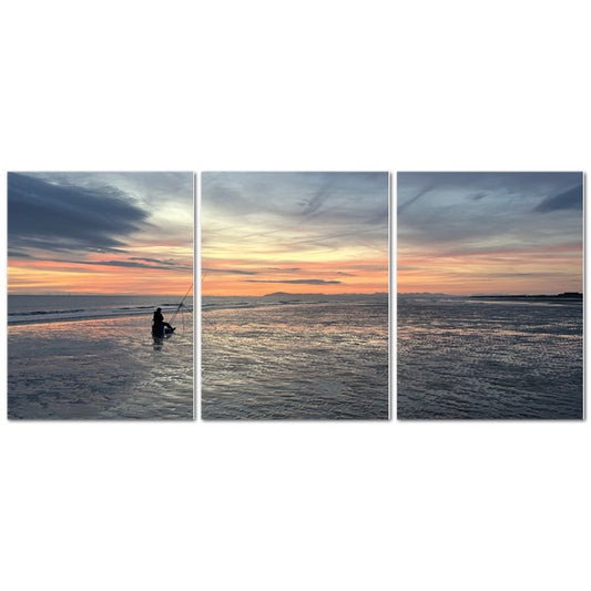 Papis Canvas Beach Sunset Landscape Made in UK Triptych Canvas with lone fisherman on shallow reflective shore at sunset