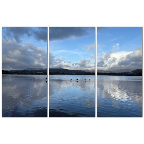 Triptych artwork featuring Birds Flying Over Windermere Lake - Lake District Landscape with calm water reflections