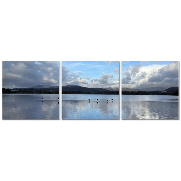 Artistic triptych of Birds Flying Over Windermere Lake - Lake District Landscape with serene water reflections