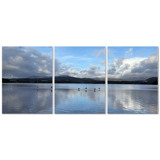 Stunning triptych of Birds Flying Over Windermere Lake - Lake District Landscape with serene water