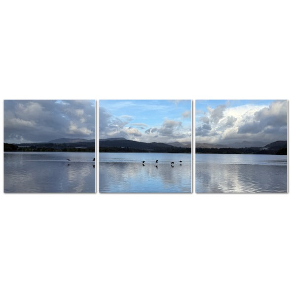 Stunning triptych of Birds Flying Over Windermere Lake - Lake District Landscape with serene water reflections