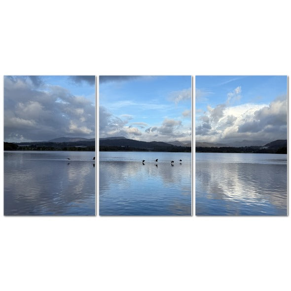 Birds Flying Over Windermere Lake - Lake District Landscape with serene water reflections and clouds