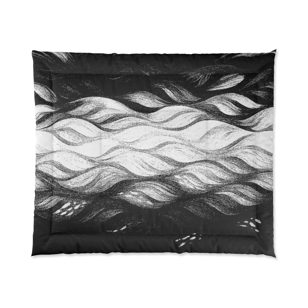 King-size black and white comforter with bold monochrome wave designs. Size: 104" × 88"