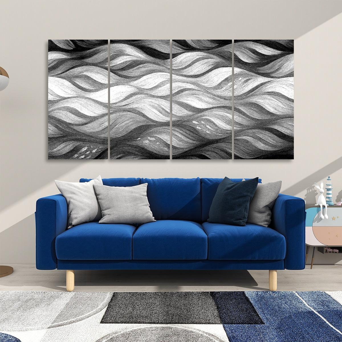 Black and white version of Gilded Amethyst Currents arranged across 4 panels in a bold graphic style
