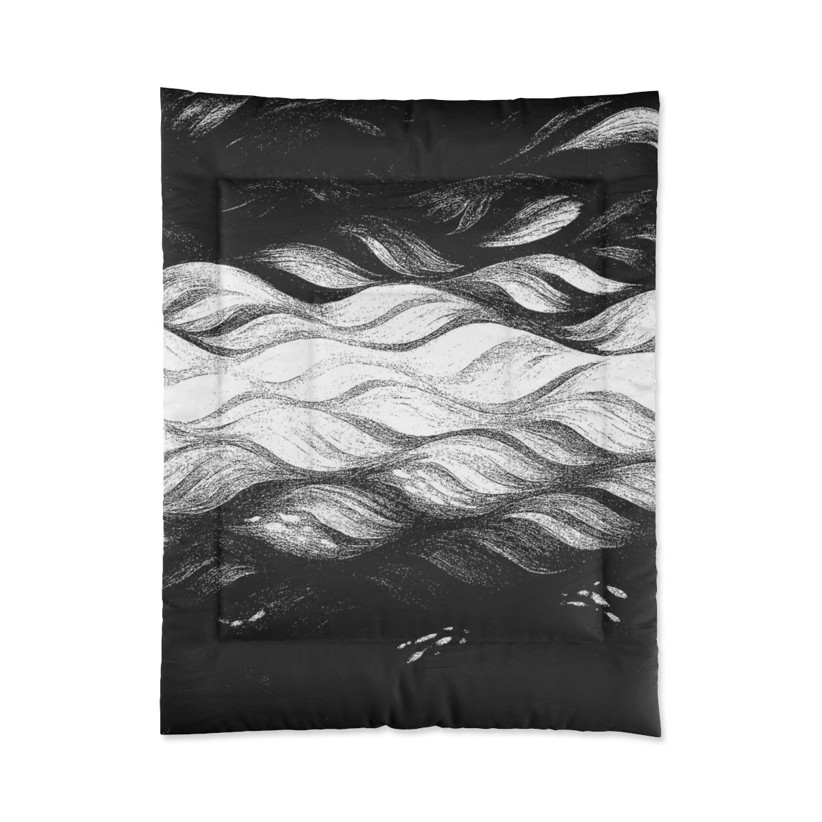 Black and white comforter with charcoal wave textures over a pale background. Size: 68" × 88"