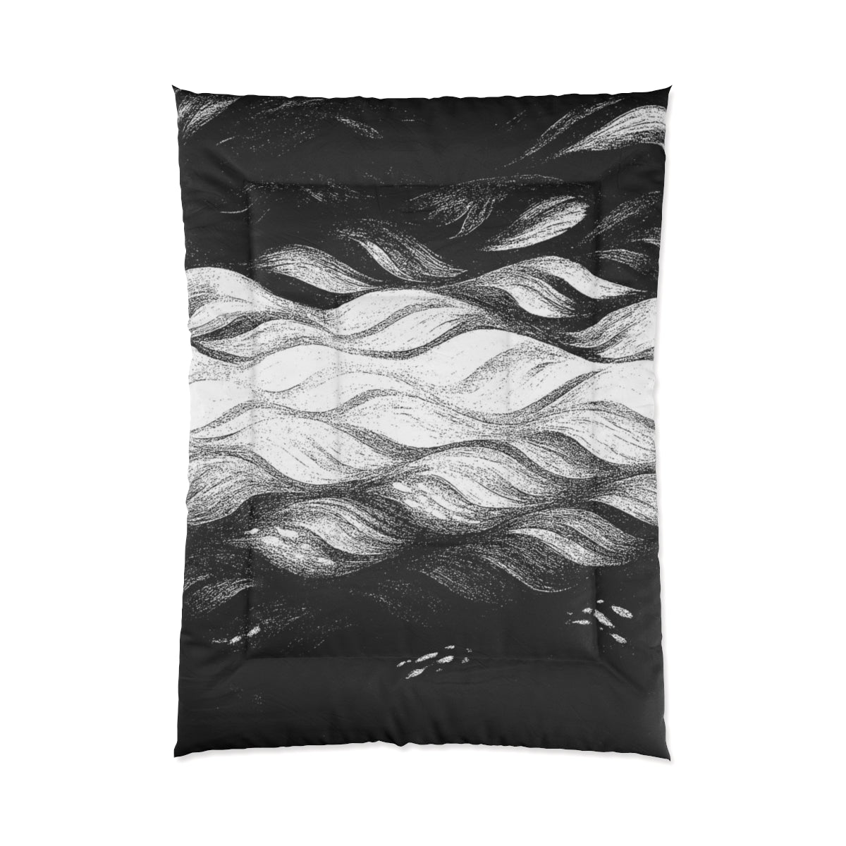 Elongated black and white comforter with dynamic grayscale patterning. Size: 68" × 92"