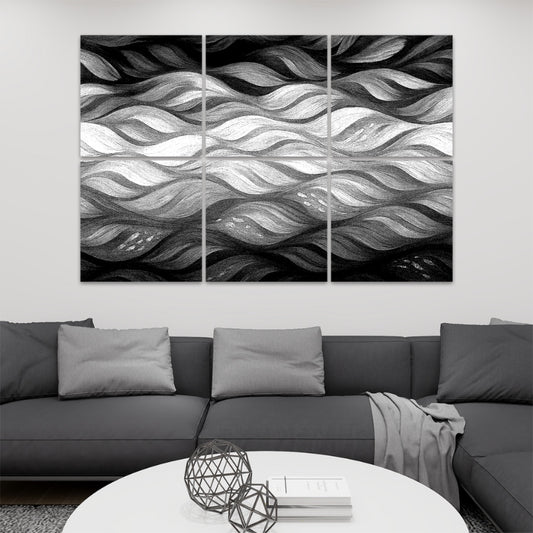 Black and white version of Gilded Amethyst Currents showing dynamic contrast on 6 acoustic panels