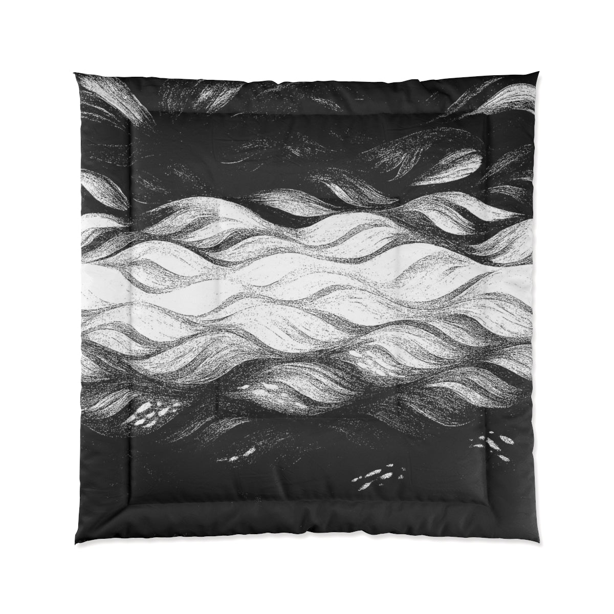 Square comforter in layered black and white sketch-like waves. Size: 88" × 88
