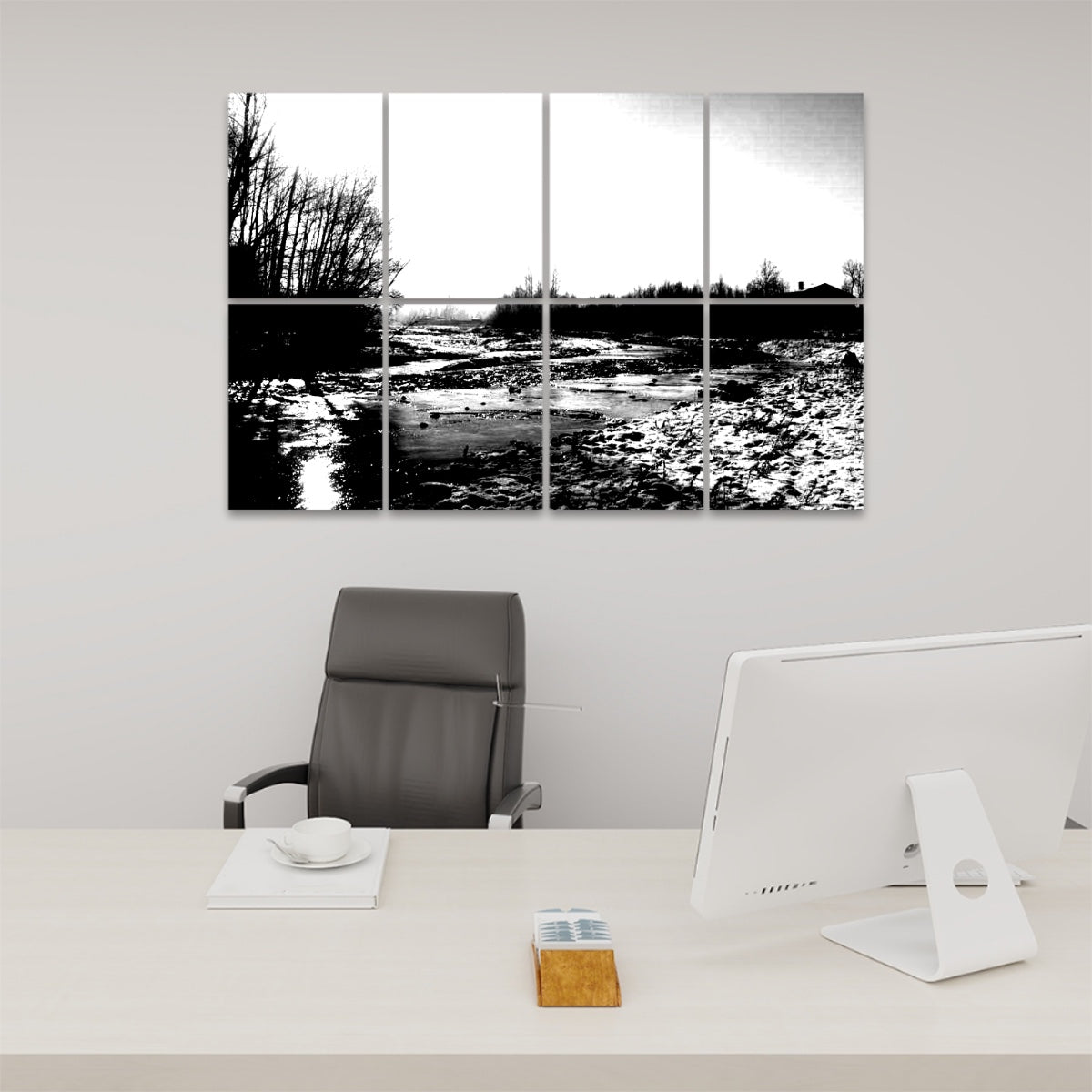 Front view of black and white Winter Stream acoustic wall art showing strong contrast in a snow-covered stream landscape.