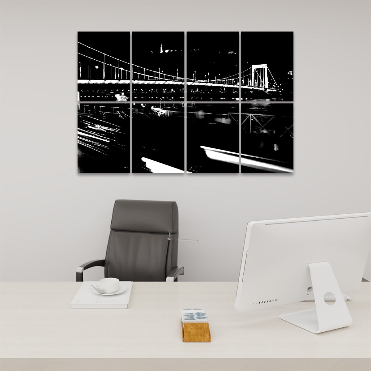 Front view of black and white Budapest Bridge acoustic wall panels with bold contrast and dramatic light reflections across a nighttime river.